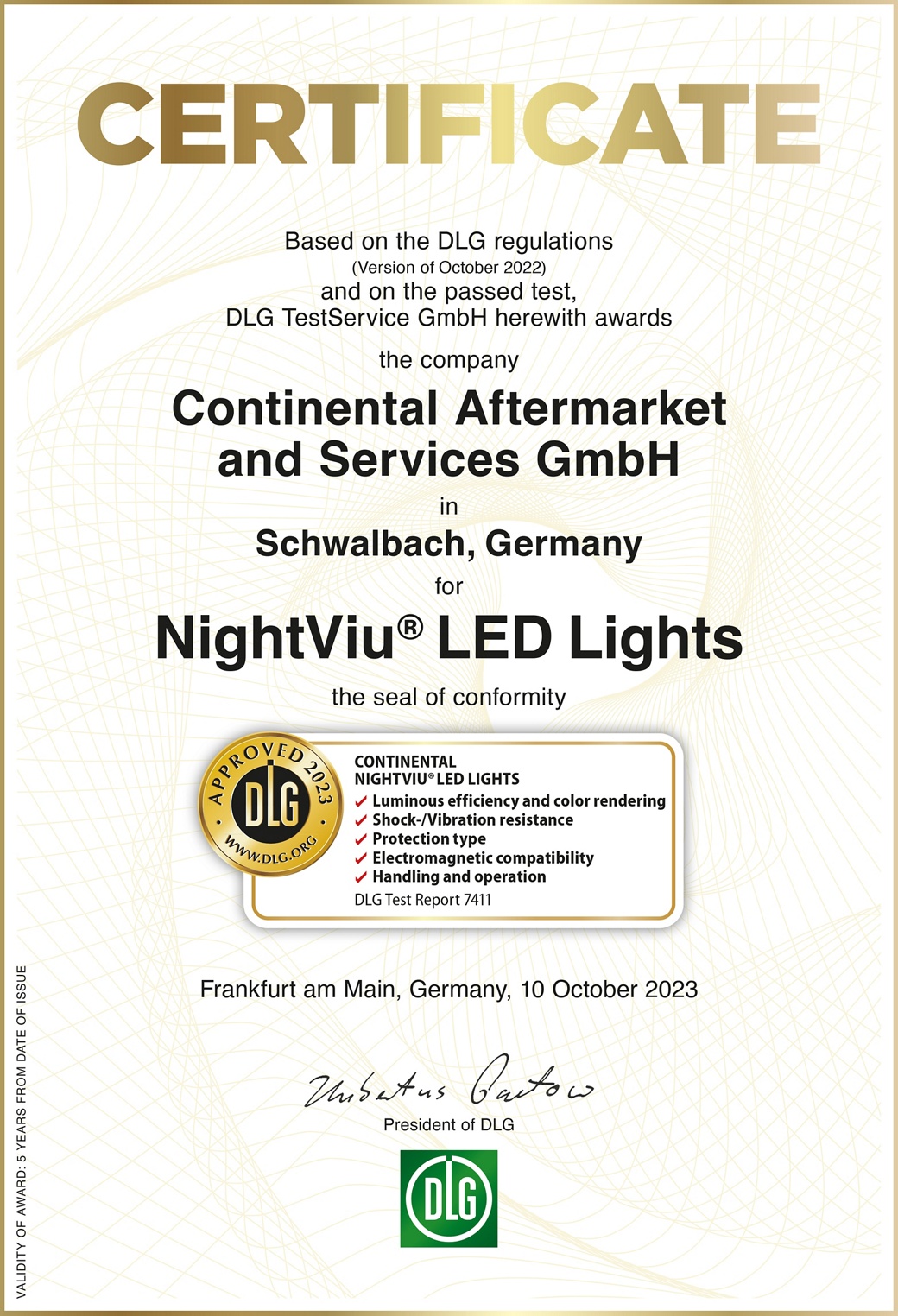DLG certificate for the NightViu LED lights for agricultural applications.